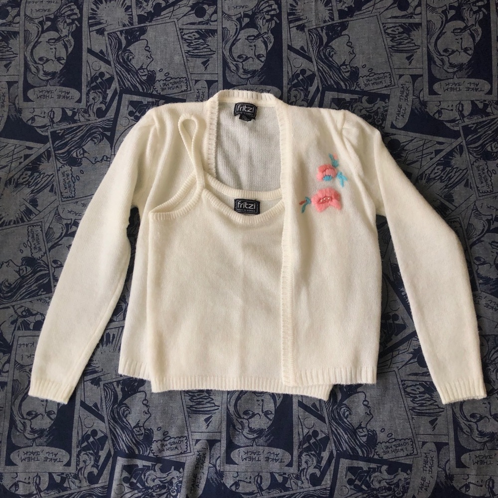 Vintage 90's Fritzi Fuzzy Cardigan + Tank Set